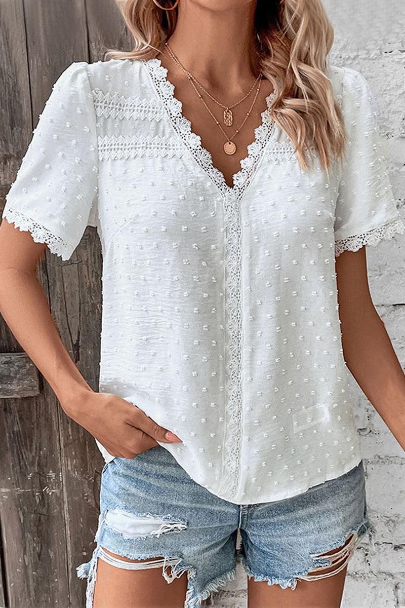 WOMEN SWISS DOT LACE TRIM NECK SHORT T SHIRT - Doublju