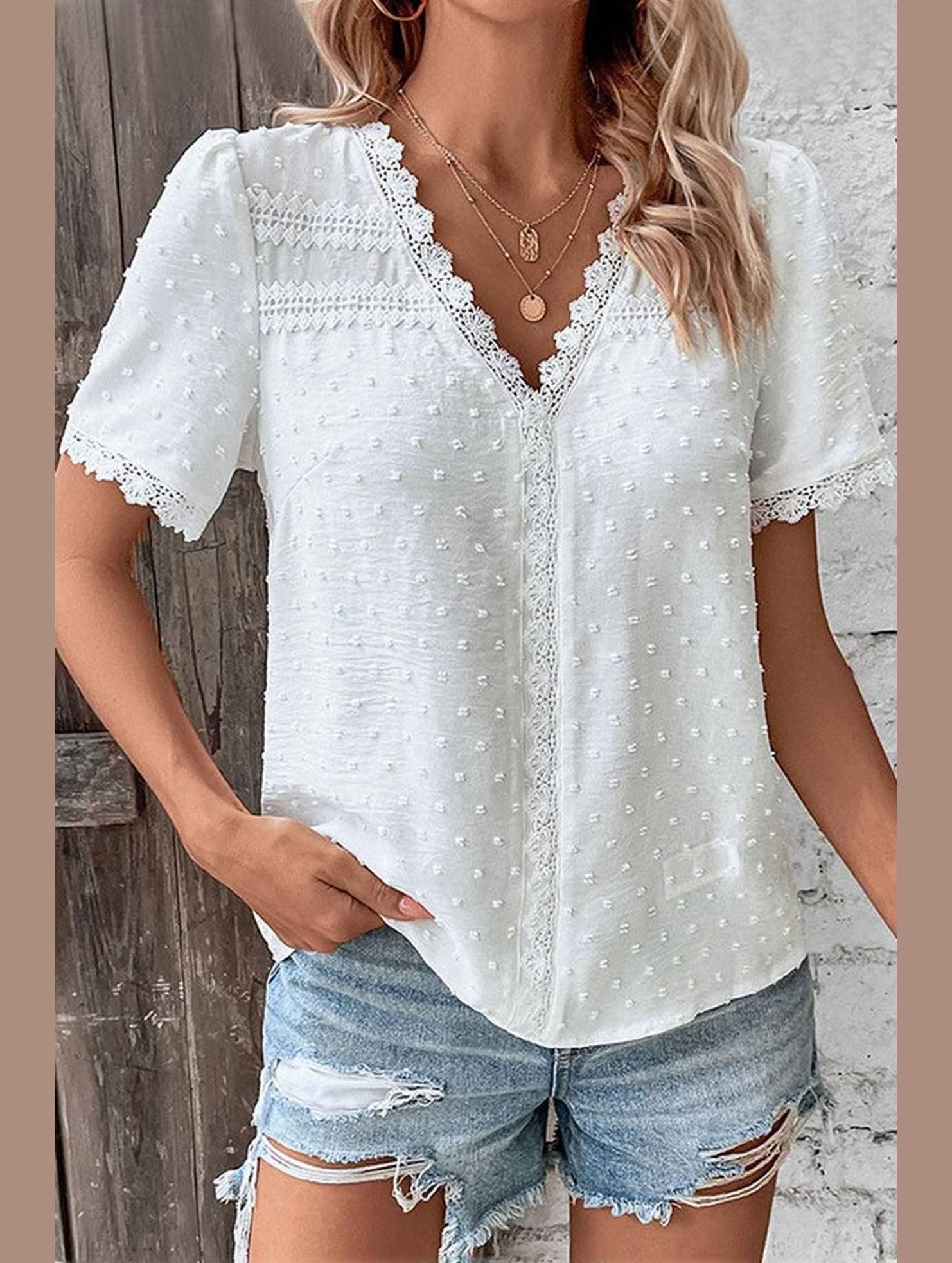 WOMEN SWISS DOT LACE TRIM NECK SHORT T SHIRT - Doublju