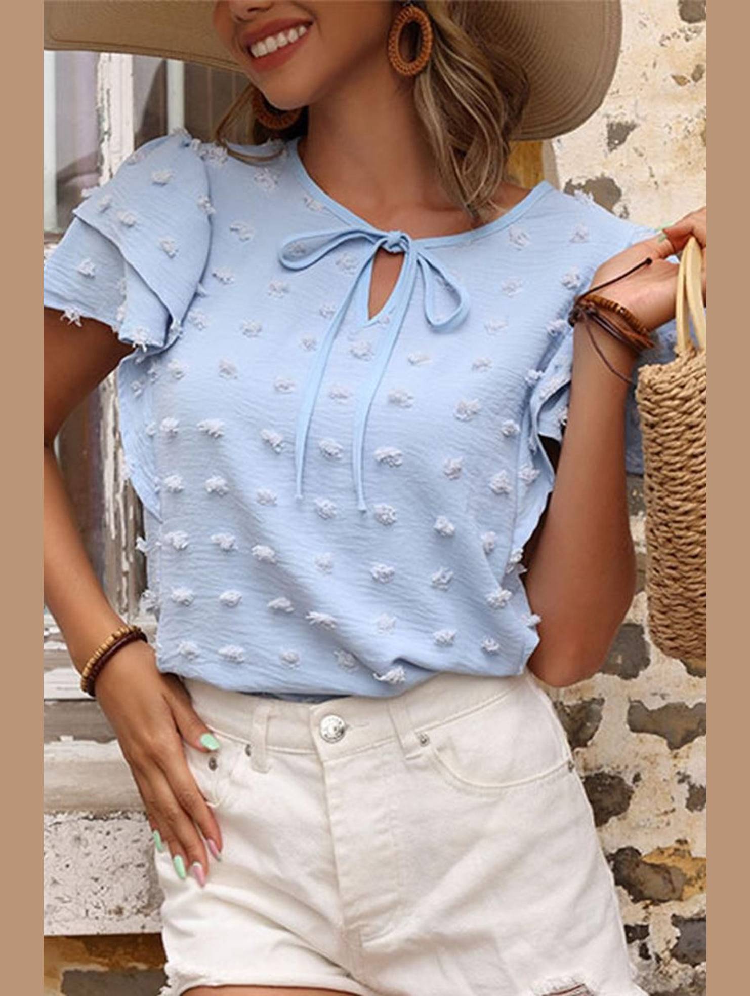 WOMEN PETAL SLEEVE SWISS DOT BLUE TEE - Doublju