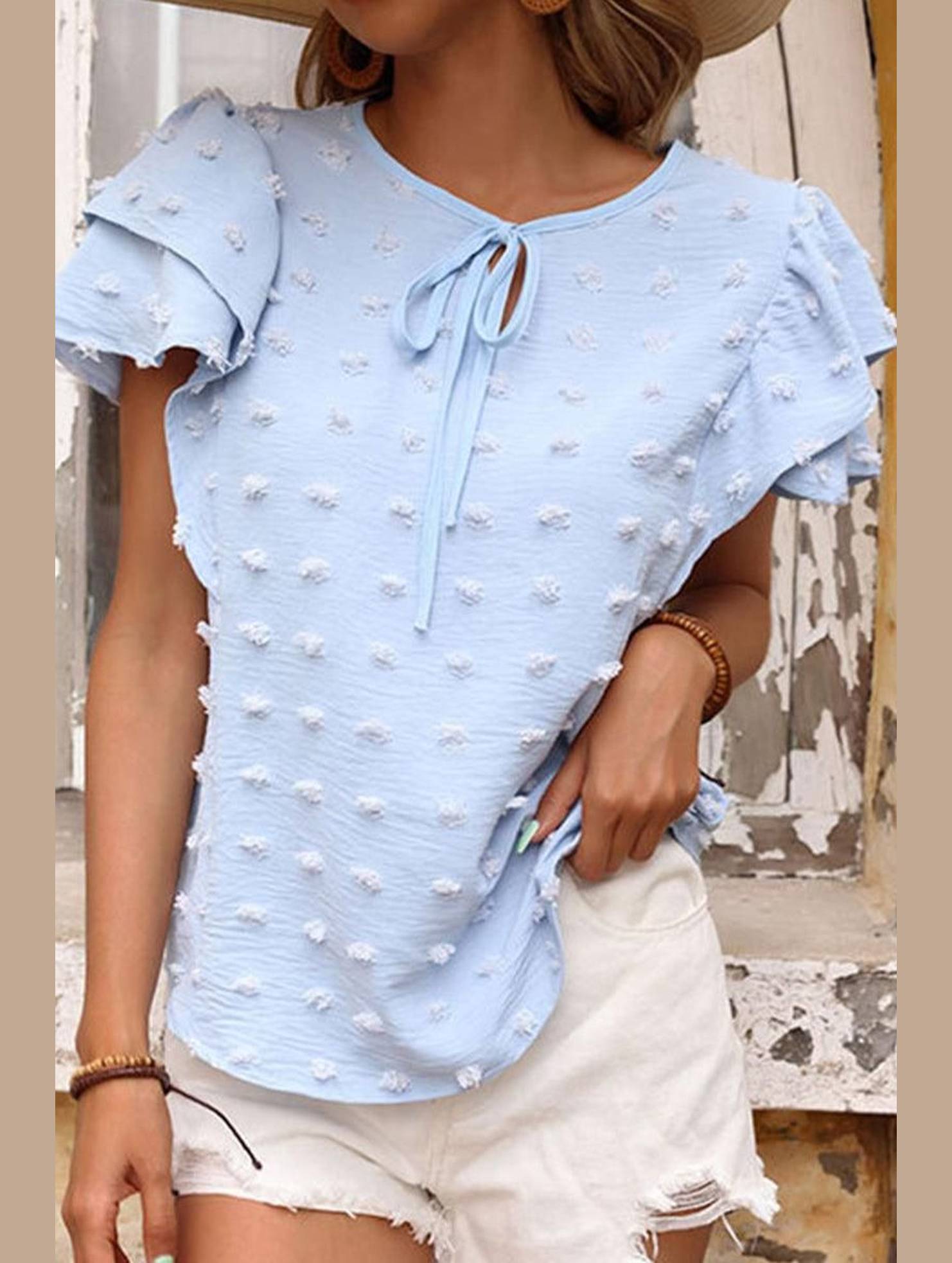 WOMEN PETAL SLEEVE SWISS DOT BLUE TEE - Doublju