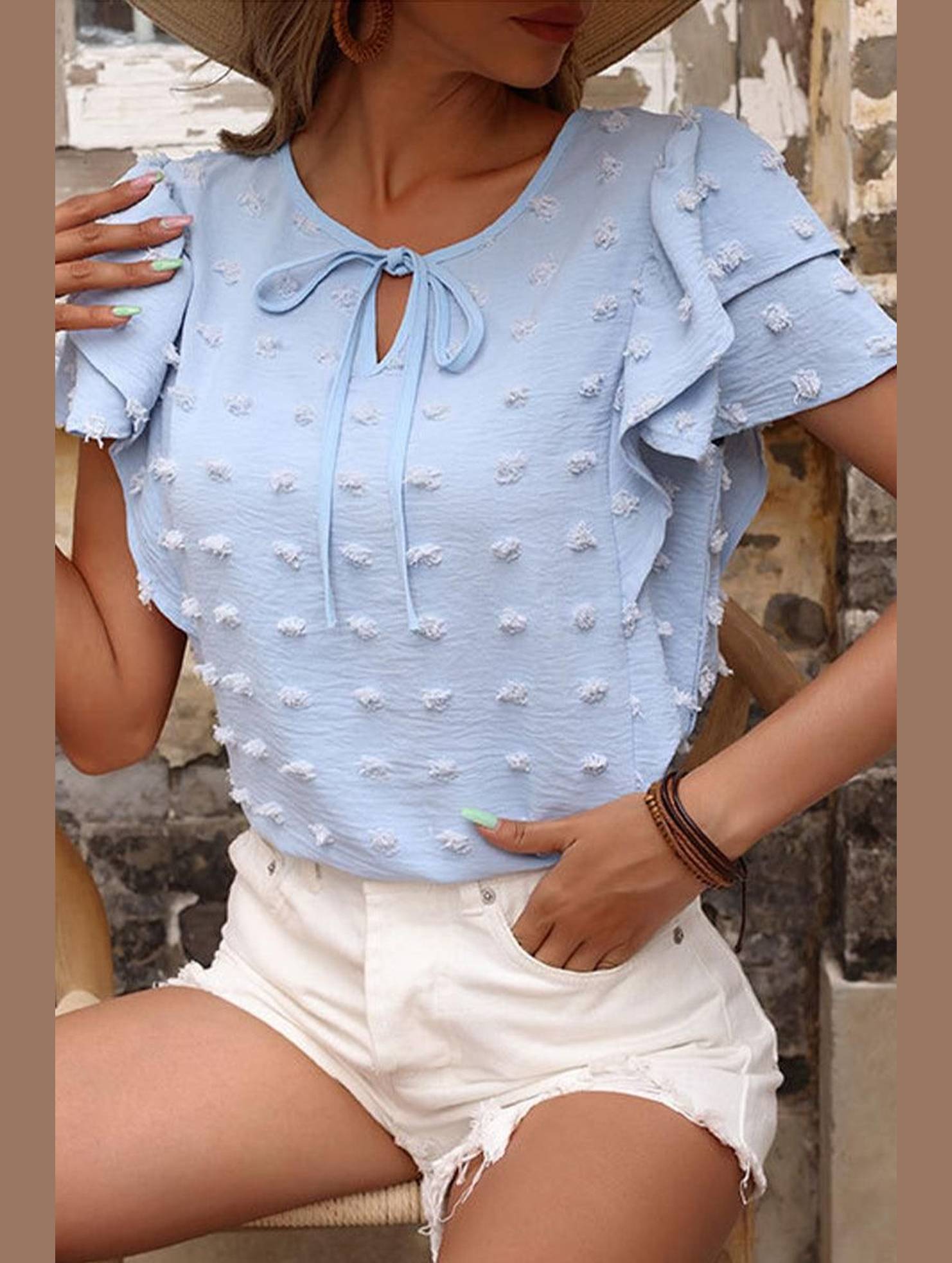 WOMEN PETAL SLEEVE SWISS DOT BLUE TEE - Doublju