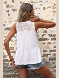 MESH LACED NECK TIERED SLEEVELESS TUNIC TOP - Doublju