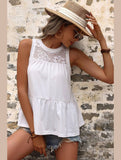 MESH LACED NECK TIERED SLEEVELESS TUNIC TOP - Doublju
