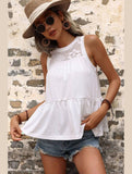 MESH LACED NECK TIERED SLEEVELESS TUNIC TOP - Doublju