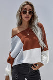 COLOR BLOCK ROUND NECK SWEATER TOP FOR WOMEN - Doublju