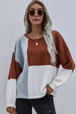 COLOR BLOCK ROUND NECK SWEATER TOP FOR WOMEN - Doublju