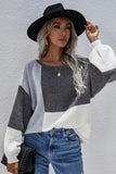 COLOR BLOCK ROUND NECK SWEATER TOP FOR WOMEN - Doublju