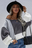 COLOR BLOCK ROUND NECK SWEATER TOP FOR WOMEN - Doublju