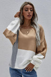 COLOR BLOCK ROUND NECK SWEATER TOP FOR WOMEN - Doublju