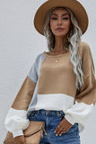 COLOR BLOCK ROUND NECK SWEATER TOP FOR WOMEN - Doublju