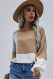 COLOR BLOCK ROUND NECK SWEATER TOP FOR WOMEN - Doublju