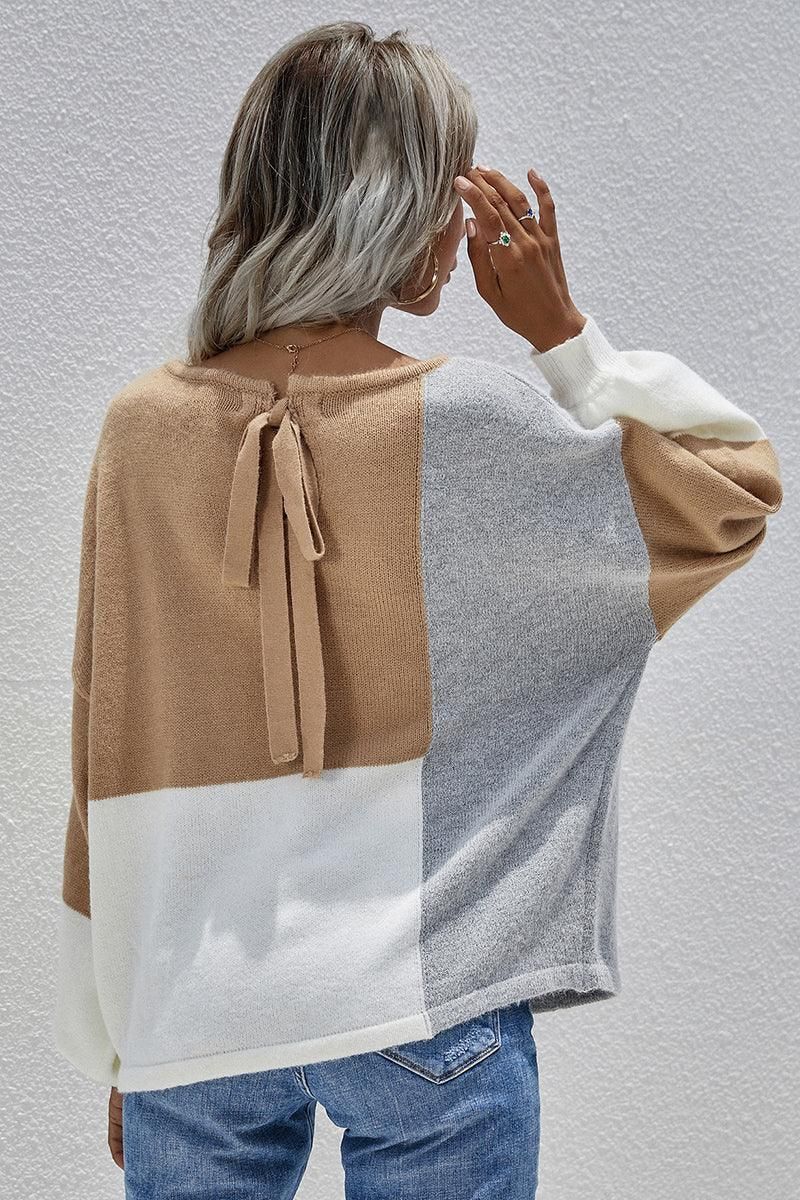 COLOR BLOCK ROUND NECK SWEATER TOP FOR WOMEN - Doublju