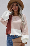 COLOR BLOCK ROUND NECK SWEATER TOP FOR WOMEN - Doublju