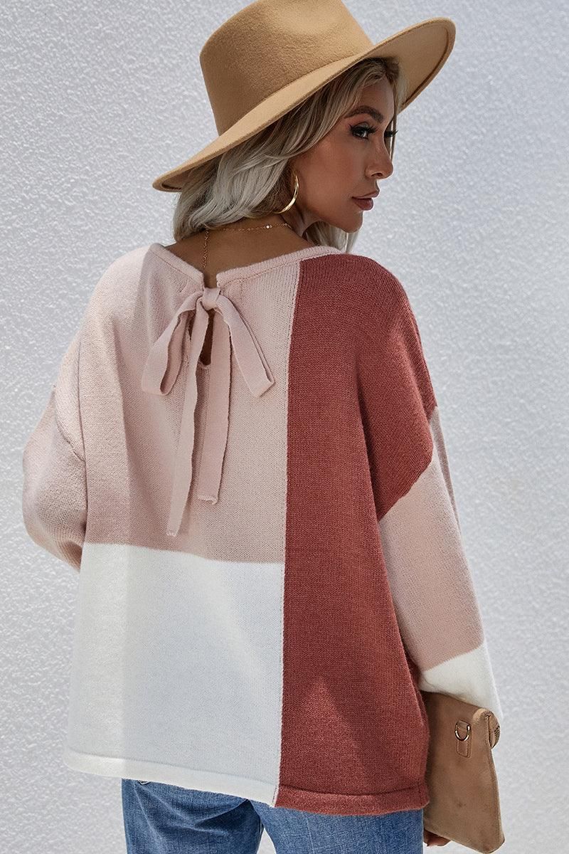 COLOR BLOCK ROUND NECK SWEATER TOP FOR WOMEN - Doublju