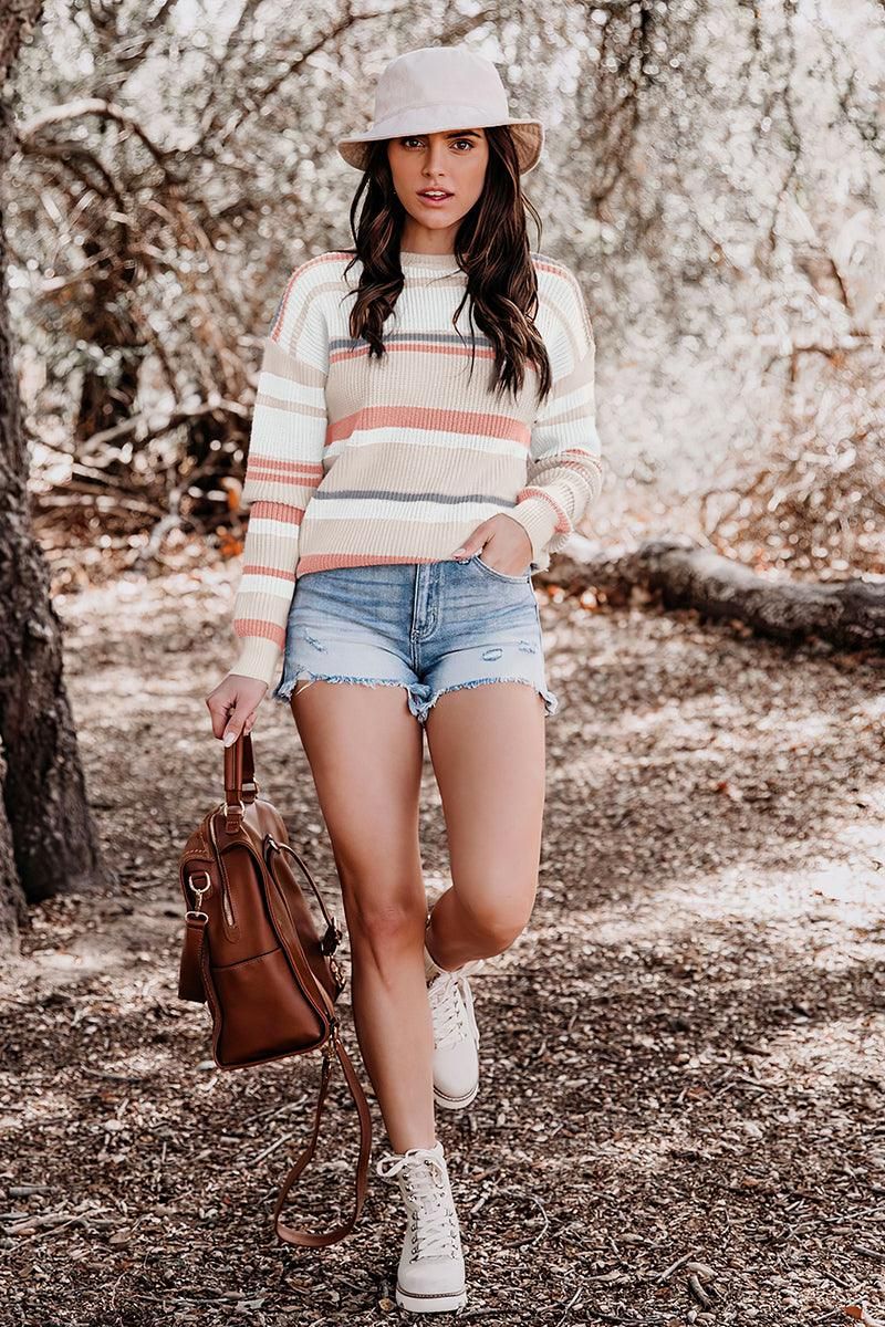 ROUND NECK STRIPED SWEATER - Doublju