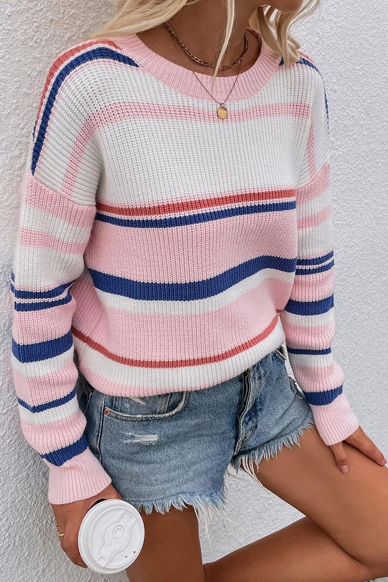 ROUND NECK STRIPED SWEATER - Doublju