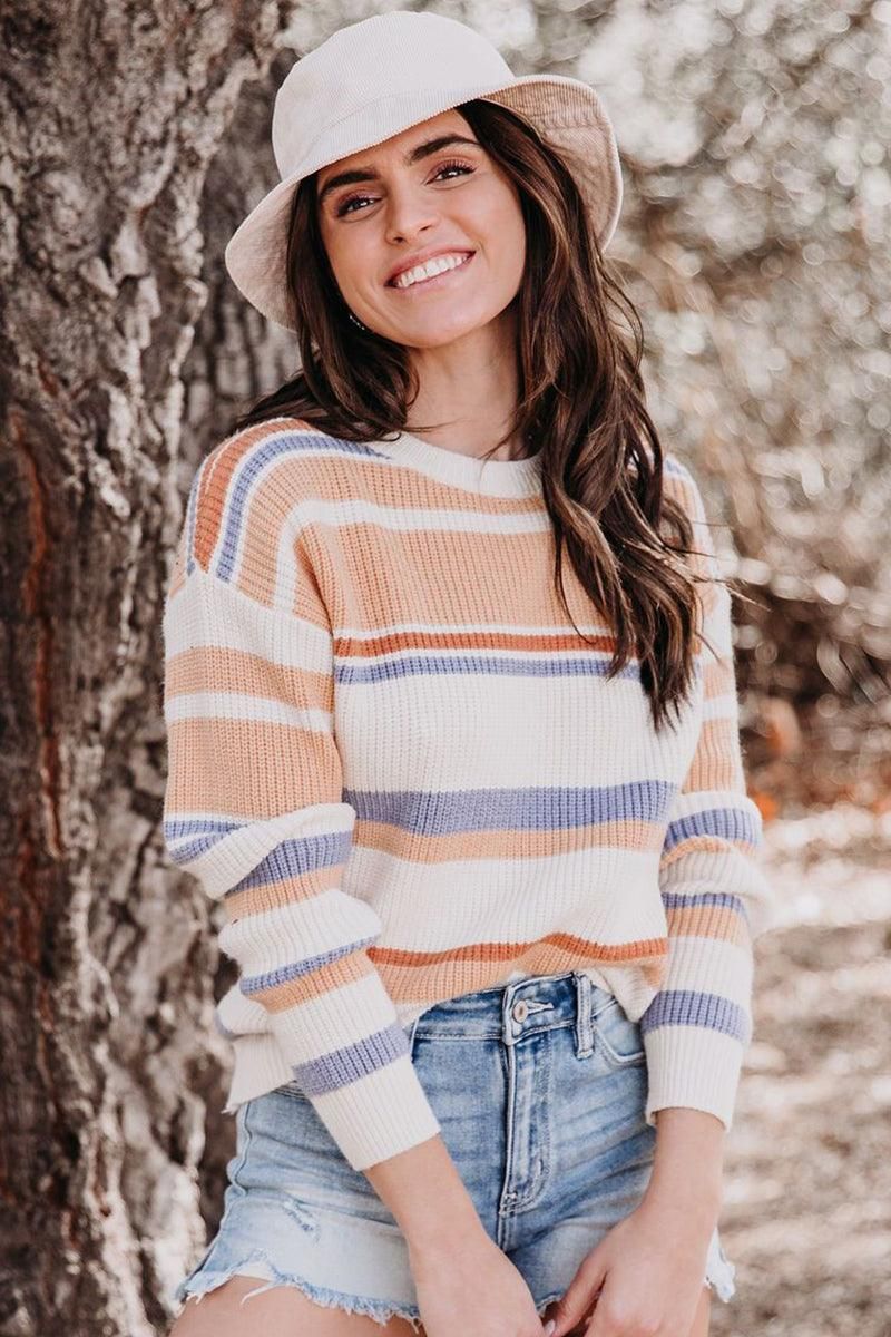 ROUND NECK STRIPED SWEATER - Doublju