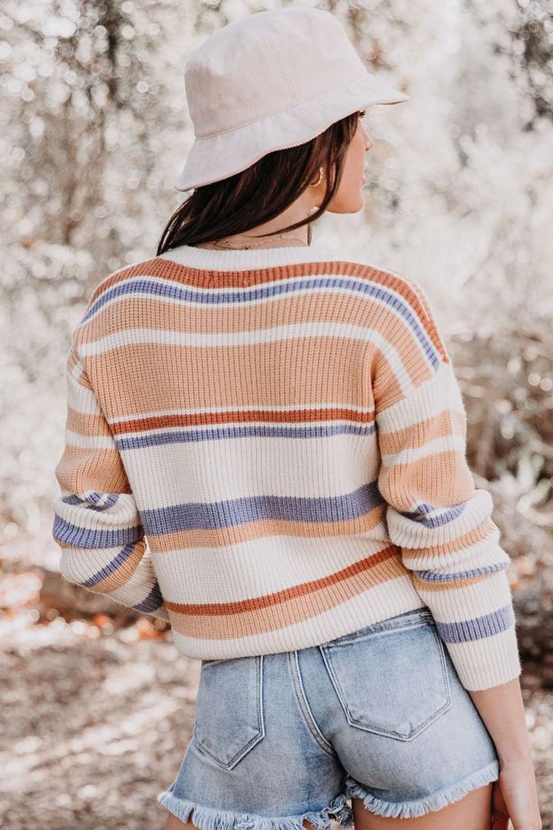 ROUND NECK STRIPED SWEATER - Doublju
