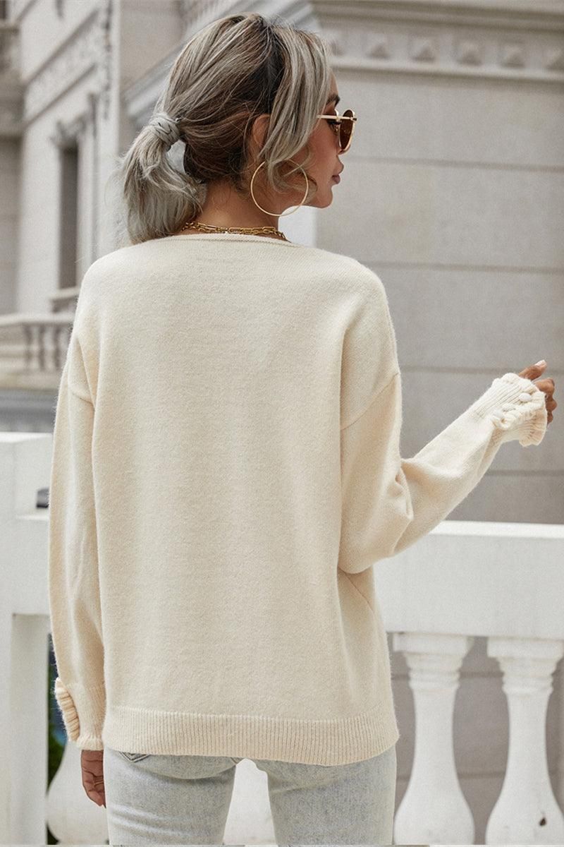BUTTON LOOSE SOLID COLOR PULLOVER SWEATER - Doublju