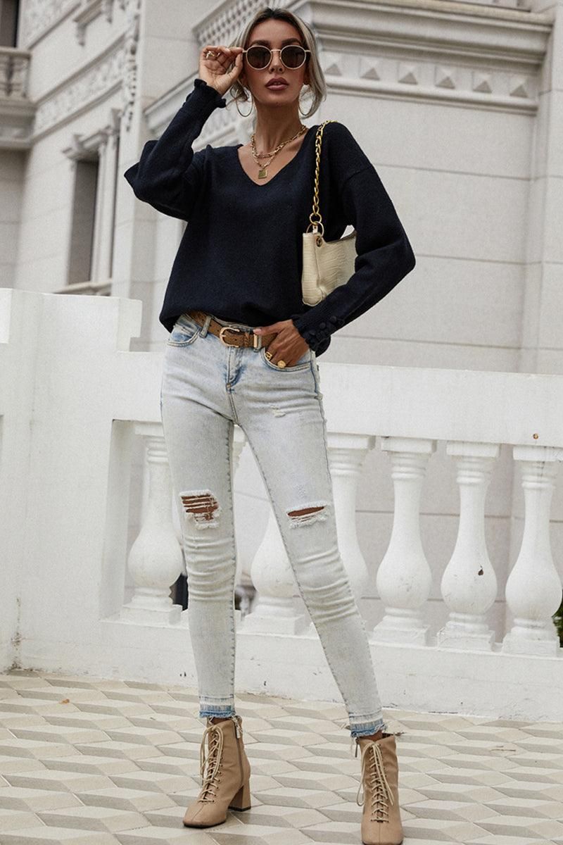 BUTTON LOOSE SOLID COLOR PULLOVER SWEATER - Doublju