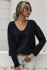 BUTTON LOOSE SOLID COLOR PULLOVER SWEATER - Doublju
