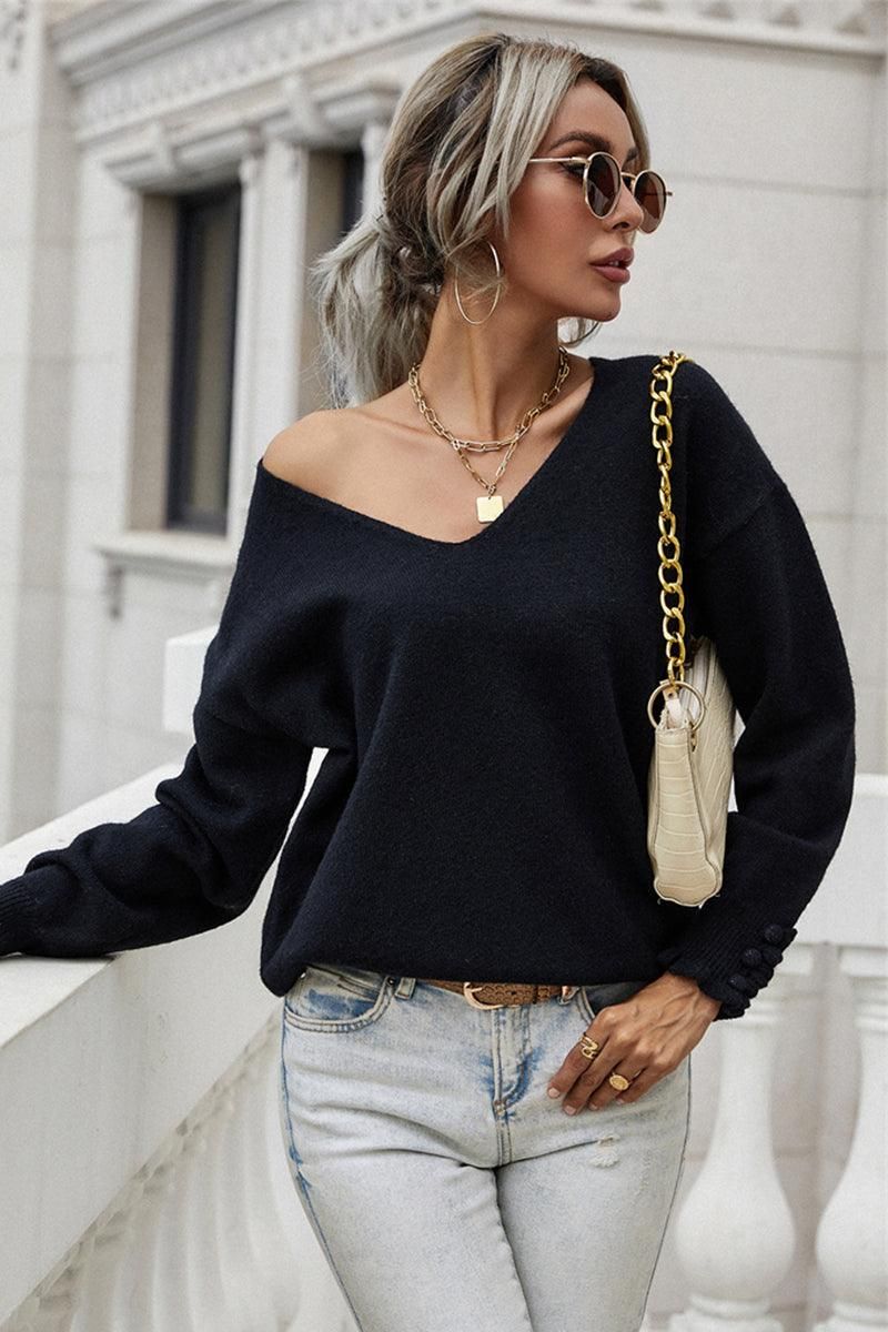 BUTTON LOOSE SOLID COLOR PULLOVER SWEATER - Doublju