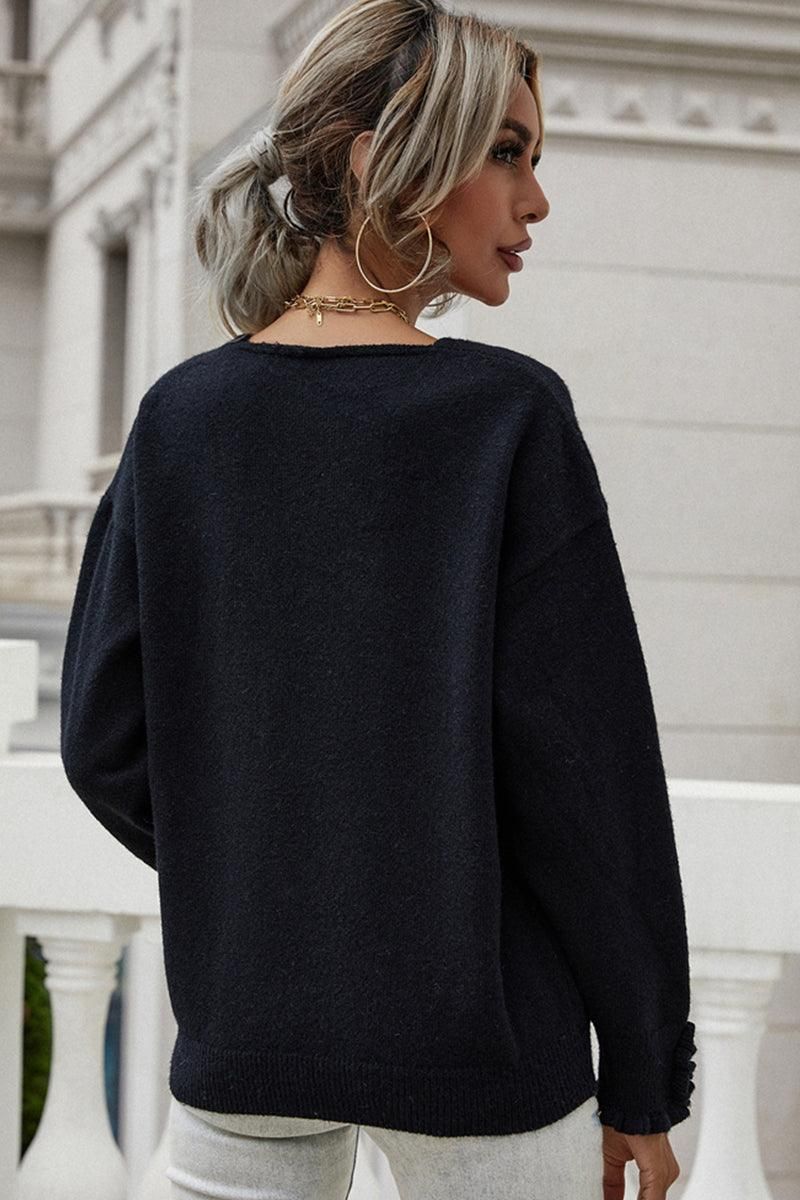 BUTTON LOOSE SOLID COLOR PULLOVER SWEATER - Doublju