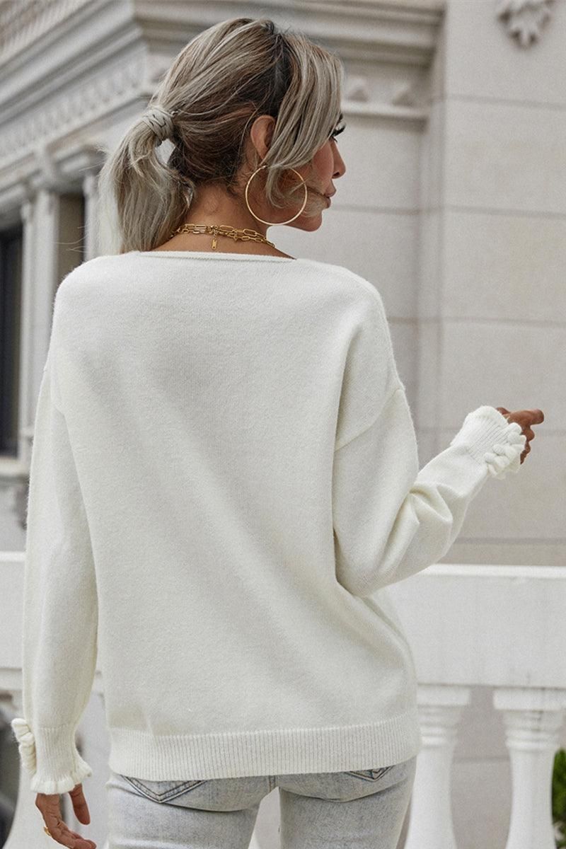 BUTTON LOOSE SOLID COLOR PULLOVER SWEATER - Doublju