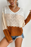 COLOR MATCHING LONG SLEEVED ROUND NECK KNITTED TOP - Doublju