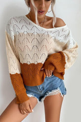 COLOR MATCHING LONG SLEEVED ROUND NECK KNITTED TOP - Doublju