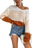 COLOR MATCHING LONG SLEEVED ROUND NECK KNITTED TOP - Doublju