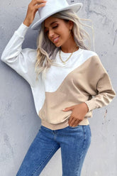 COLOR BLOCKING ROUND NECK KNIT TOP - Doublju