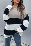 STRIPED ROUND NECK KNITTED SWEATER - Doublju