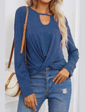 Long Sleeve Key Hole Neck Twisted Hem Casual Top - Doublju