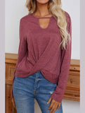 Long Sleeve Key Hole Neck Twisted Hem Casual Top - Doublju