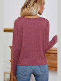 Long Sleeve Key Hole Neck Twisted Hem Casual Top - Doublju