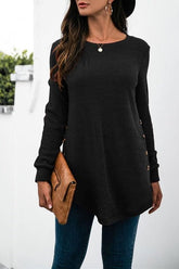 SOLID COLOR SIDE BUCKLE KNITTED LONG SLEEVE TOP - Doublju