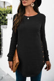 SOLID COLOR SIDE BUCKLE KNITTED LONG SLEEVE TOP - Doublju