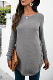 SOLID COLOR SIDE BUCKLE KNITTED LONG SLEEVE TOP - Doublju