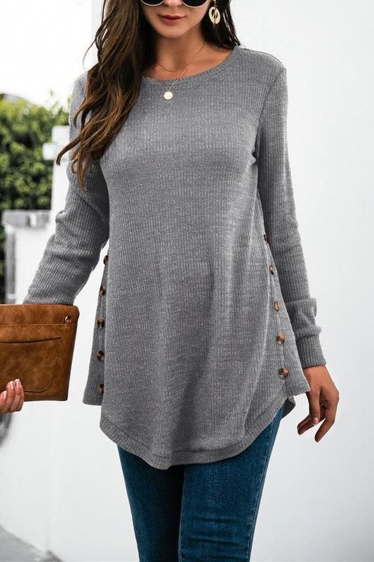 SOLID COLOR SIDE BUCKLE KNITTED LONG SLEEVE TOP - Doublju
