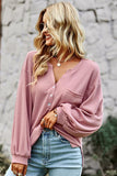 WAFFLE KNITTED BUTTON NECK LOOSE FIT TOP - Doublju