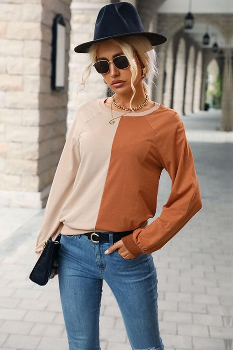 COLOR BLOCK ROUND NECK CASUAL TOP - Doublju