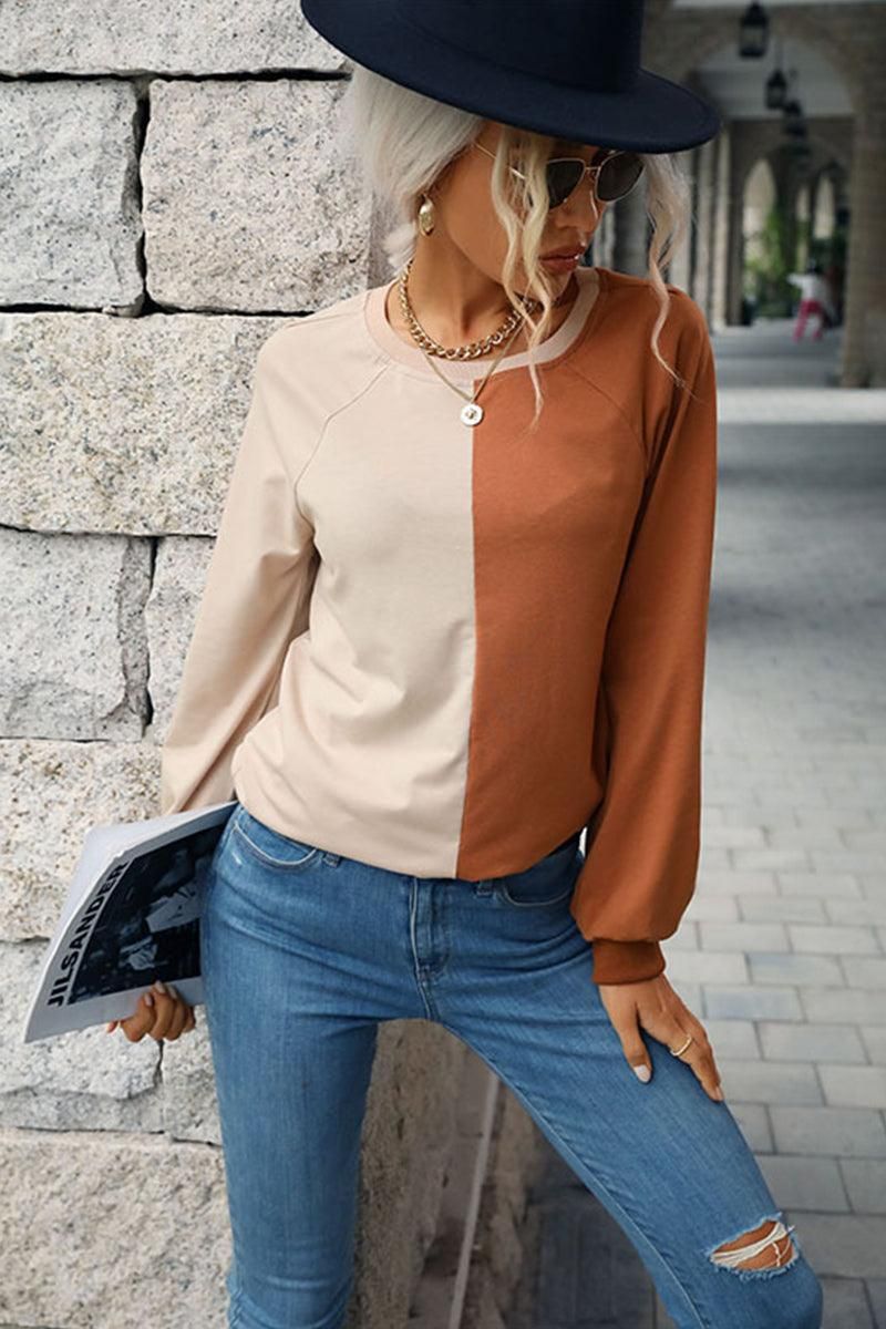 COLOR BLOCK ROUND NECK CASUAL TOP - Doublju