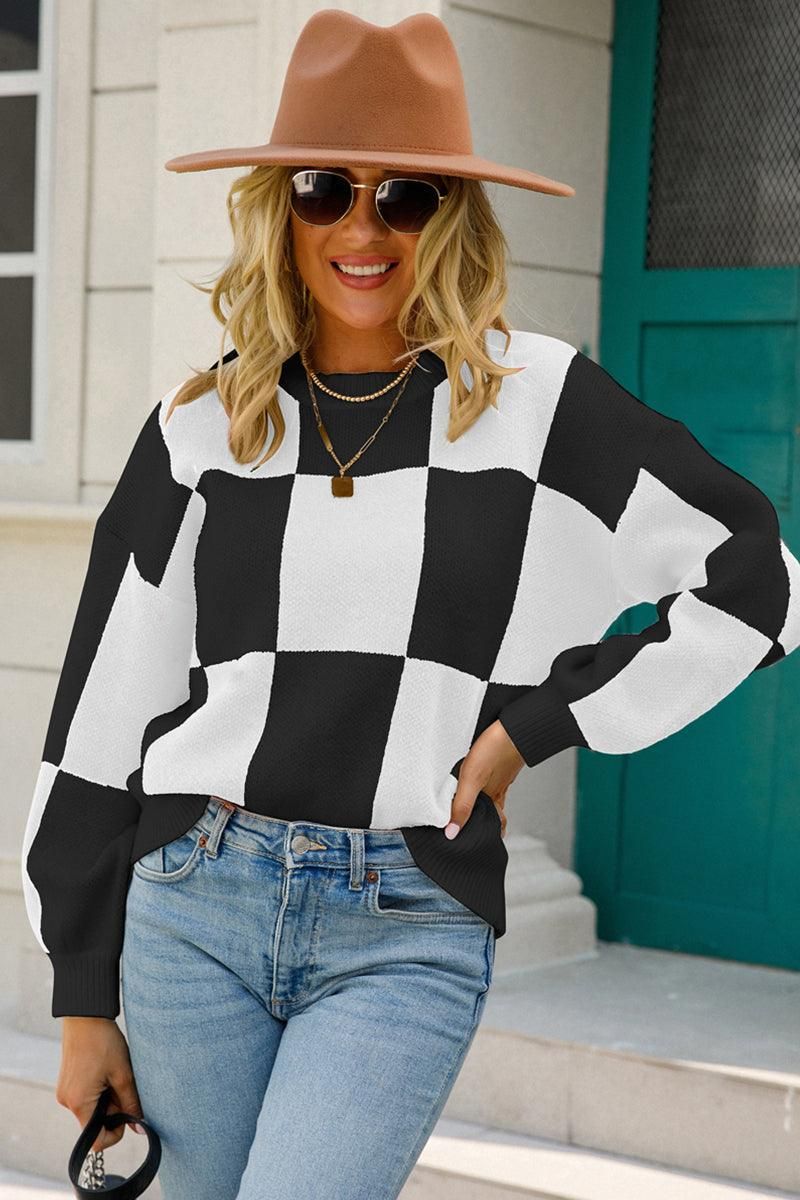 WOMENS CHECKERBOARD PATTERN SWEATER TOP - Doublju