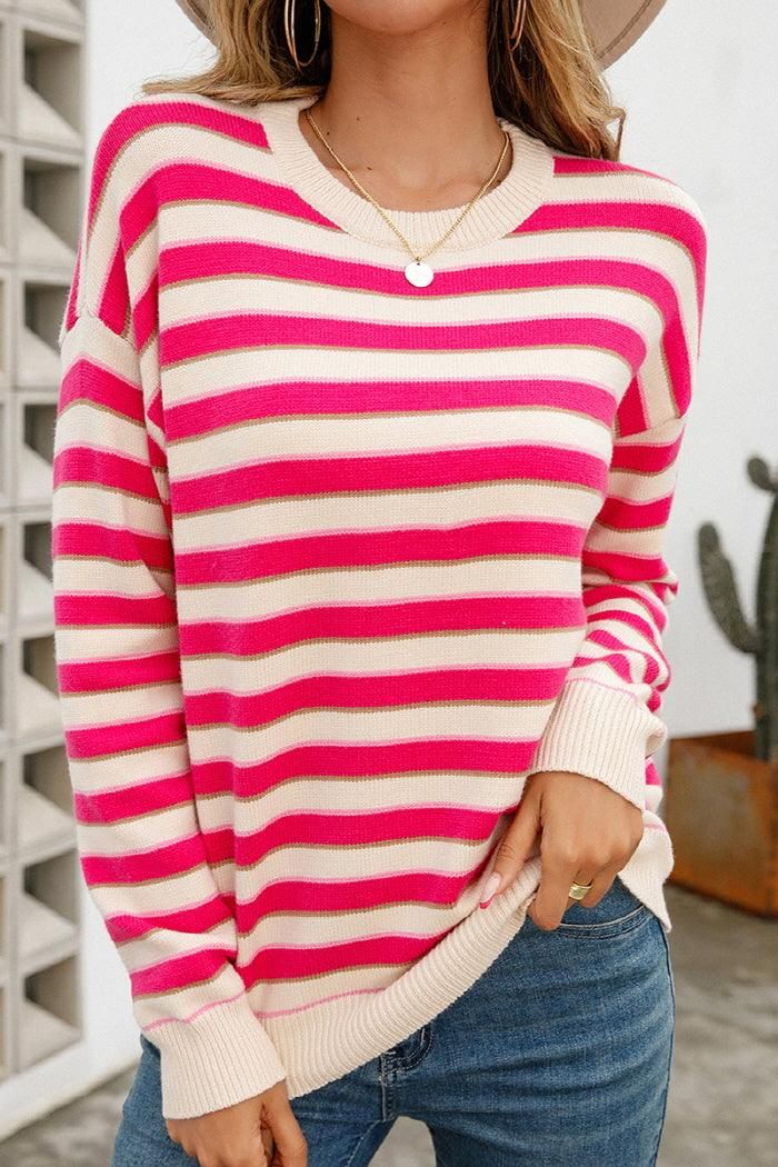 WOMENS STRIPE CASUAL SWEATER TOP - Doublju