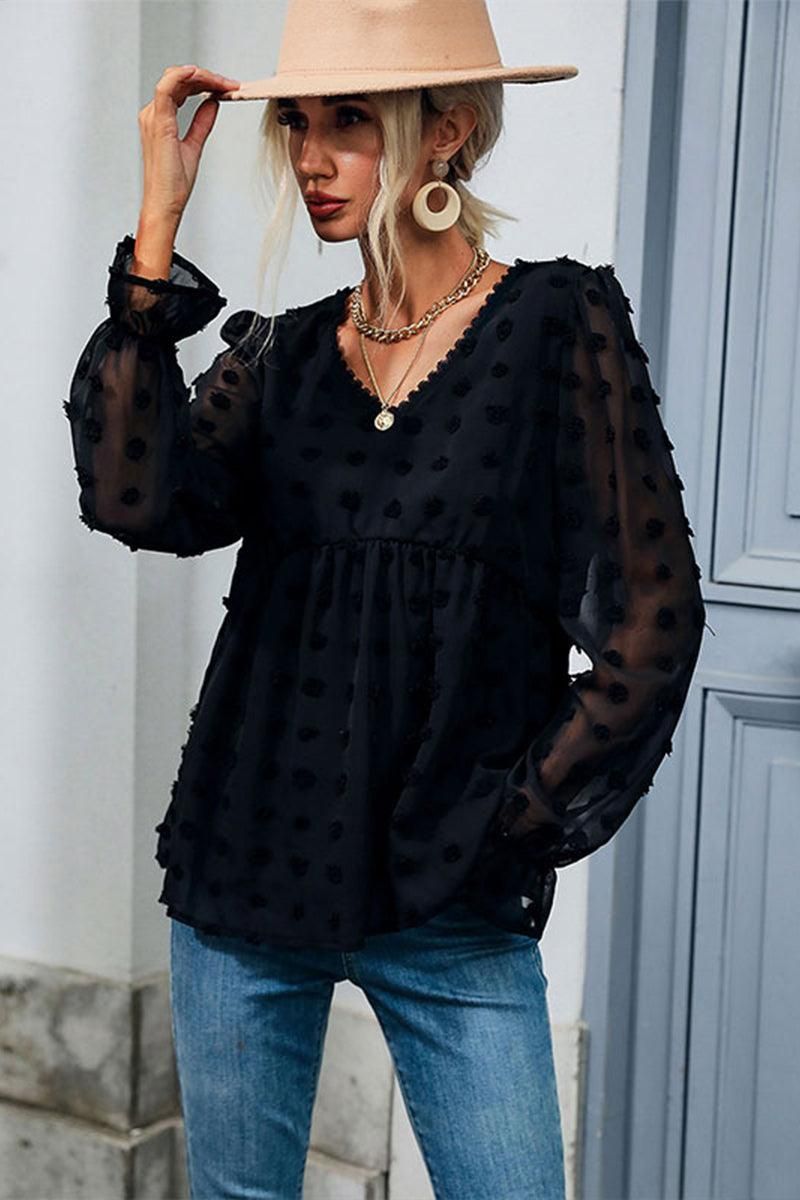 POLKA DOT LACE DETAILED V NECK CASUAL TUNIC TOP - Doublju