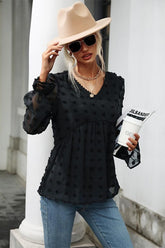 POLKA DOT LACE DETAILED V NECK CASUAL TUNIC TOP - Doublju