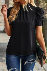 DRAPED SLEEVE JEWEL NECK CASUAL TOP - Doublju