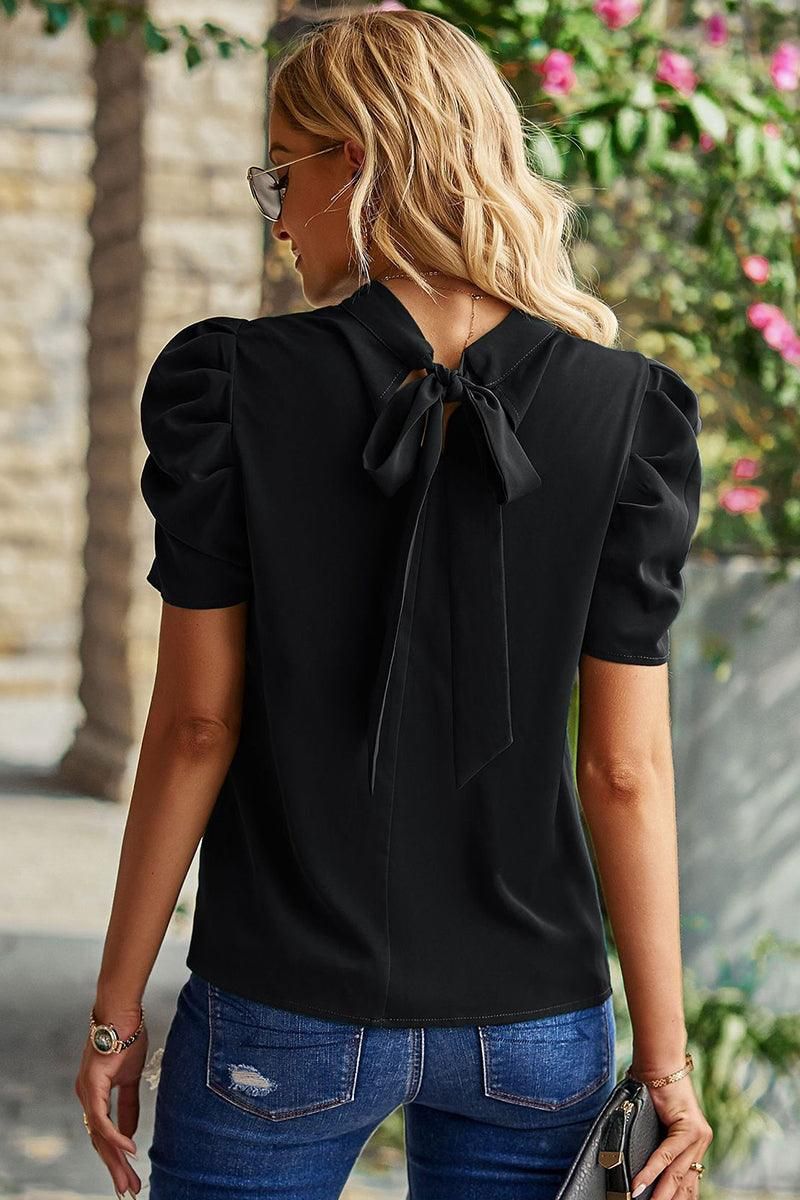 DRAPED SLEEVE JEWEL NECK CASUAL TOP - Doublju