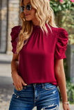 DRAPED SLEEVE JEWEL NECK CASUAL TOP - Doublju